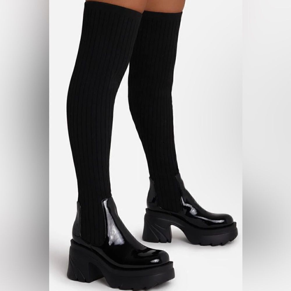 EGO Synthetic Black patent and knitted thigh high chunky platform boots SZ10.5